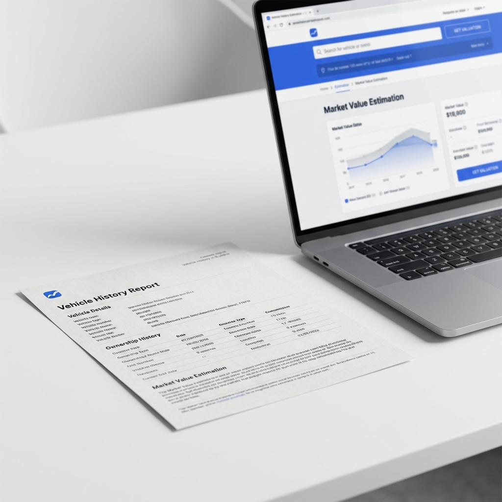 Close up of a vehicle history report printed on paper next to a laptop showing a bluebook for cars valuation web page on a minimalist white desk with CarFax Deals blue accents