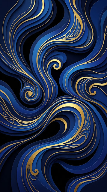 Abstract Fluid Shapes in Navy and Gold Dimensional Paper Style - Free mobile Wallpaper