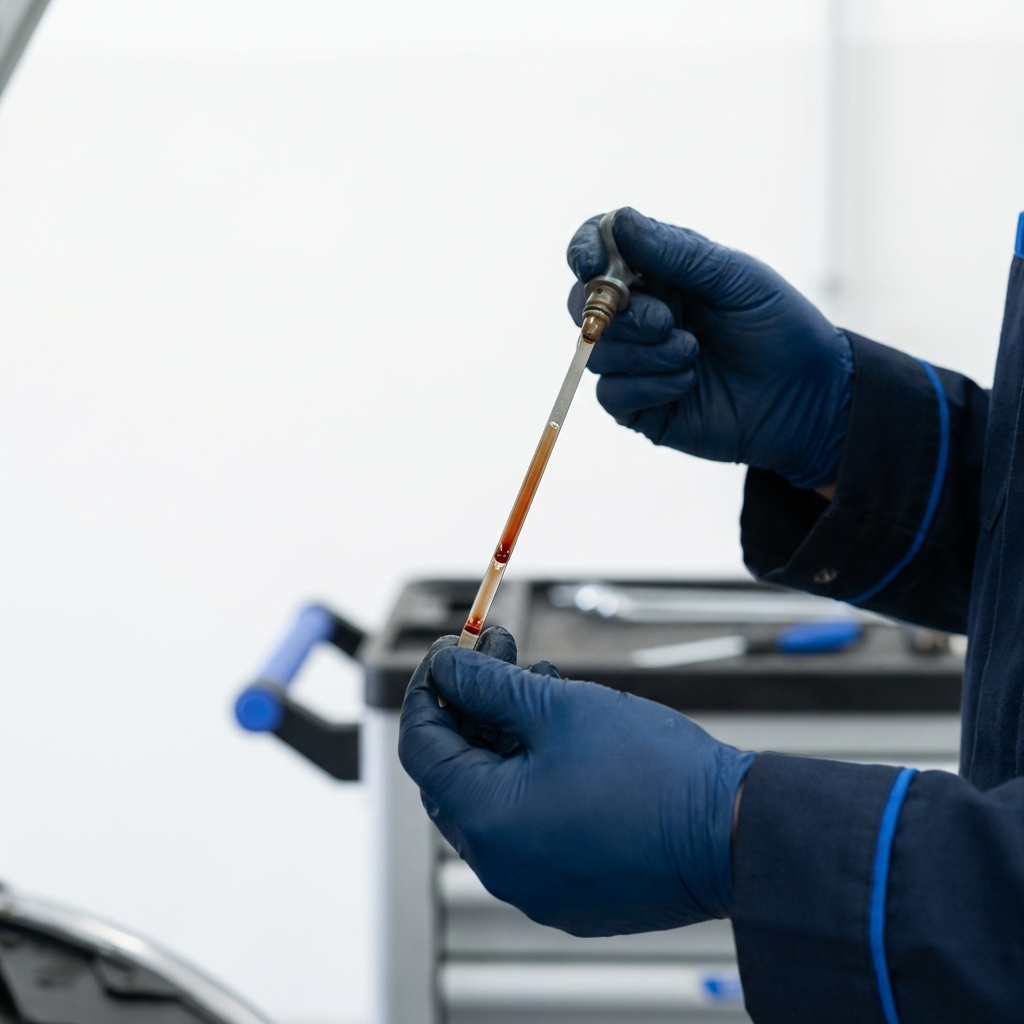 Close up of mechanic checking transmission fluid level and color on a chrysler 300 for sale dipstick in a clean service bay with white background and CarFax Deals blue accents