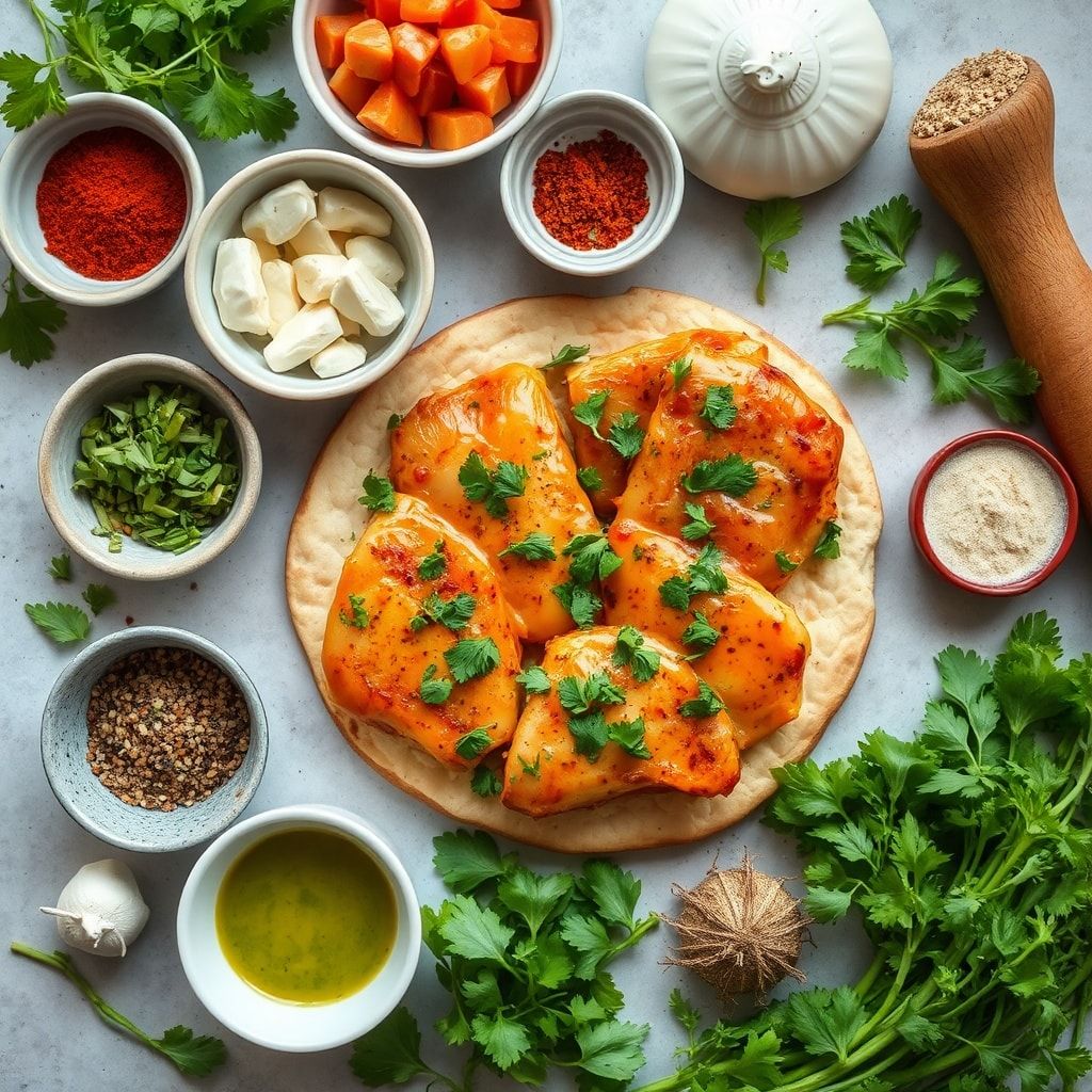 Ingredients for Tandoori Chicken Pizza with Fresh Cilantro Mint Chutney (Easy & Cheesy)