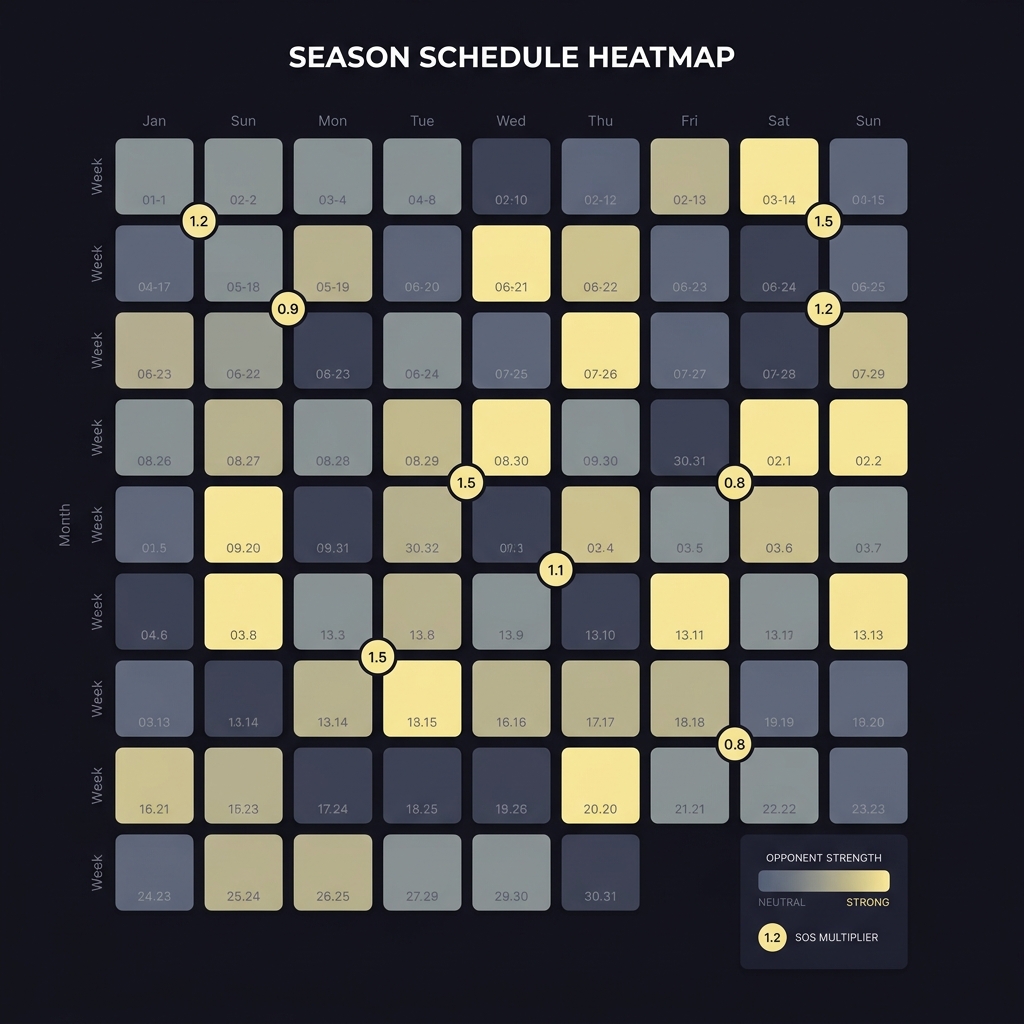 Simplified season schedule heatmap showing opponent strength with SOS multiplier callouts How to Adjust Statistics for Opponent Quality in Funded Plays brand colors 10101a 1e1e31 9393a6 f5e79d