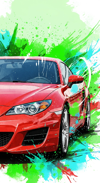 Vibrant Abstract Watercolor Splash Illustration of a Dynamic Red Sports Car - Free mobile Wallpaper