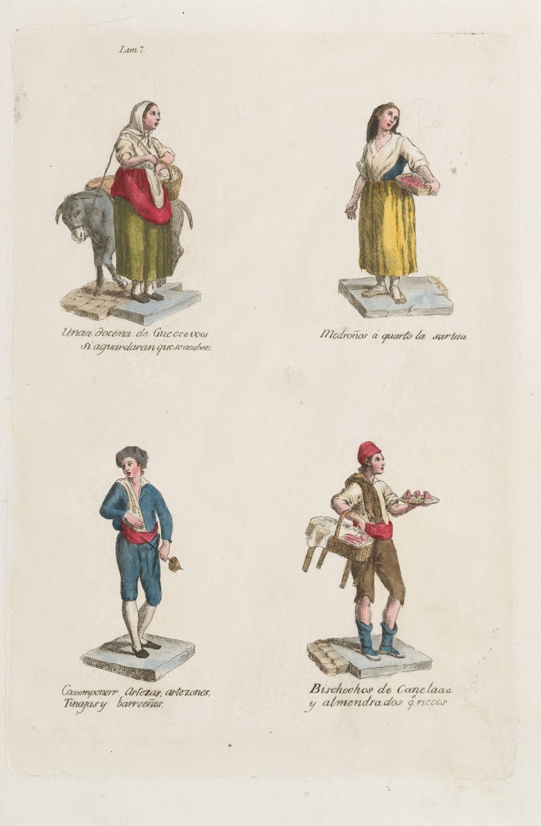 Plate 7 four street vendors from Madrid selling eggs straweberries containers ci