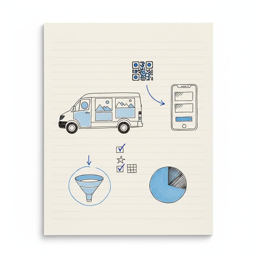 Notebook sketches of van vehicle wrap, QR-code flow to a landing page, and checkboxes for photos and reviews &mdash; visual planning for how to advertise a painting business