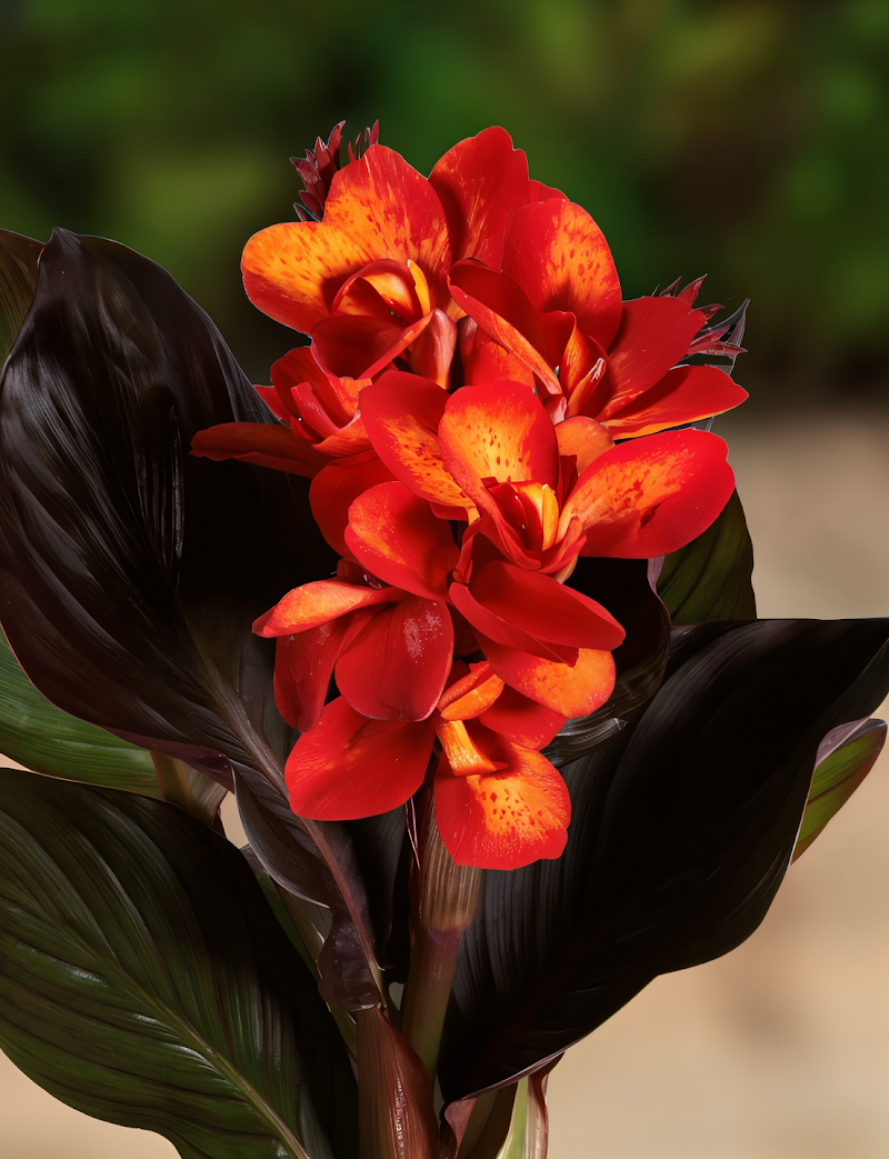 Canna indica 'Theresa' con grandi fiori arancioni e fogliame verde scuro in un giardino soleggiato.
