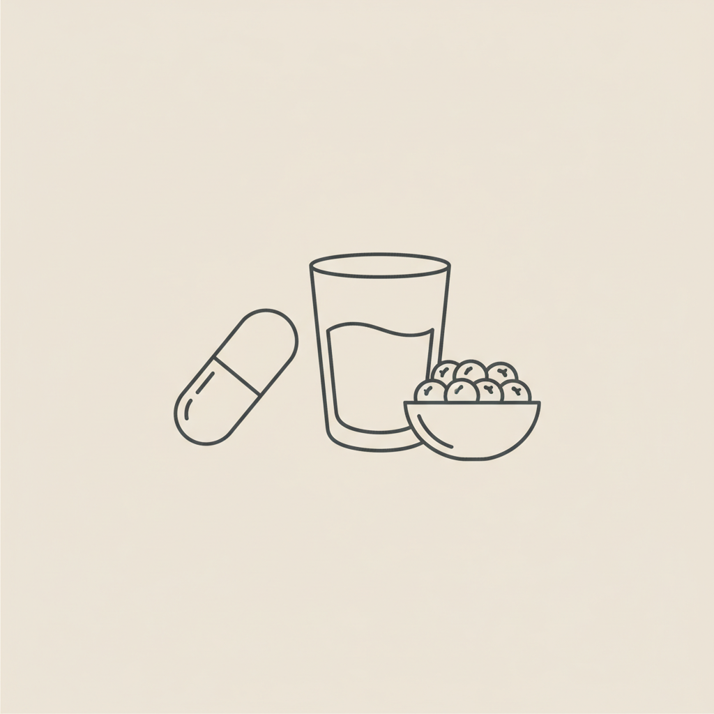 Minimalist Tonum-style vector line illustration of a capsule, glass of water, and small bowl of berries on beige background representing collagen side effects.