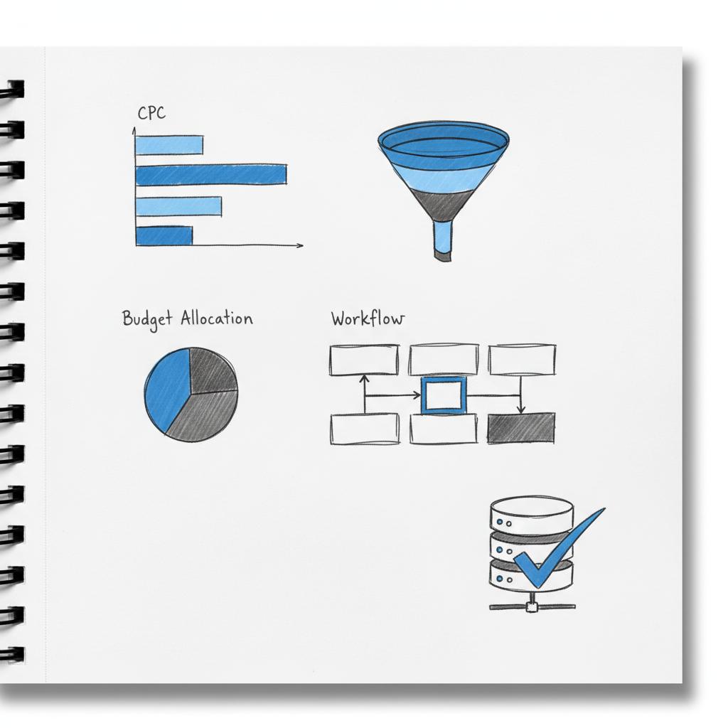 Close-up notebook sketch of a PPC performance dashboard with CPC bars, conversion funnel and a server icon with checkmark in blue, illustrating PPC effectiveness.