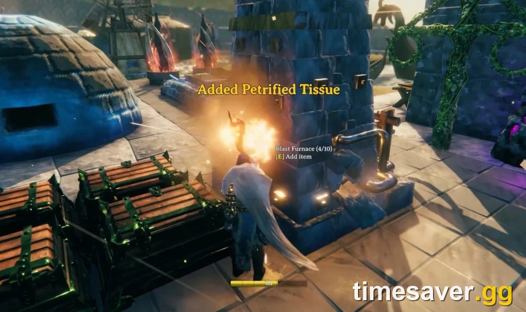 Blast Furnace smelting Petrified Tissue into Bloodgold in Valheim