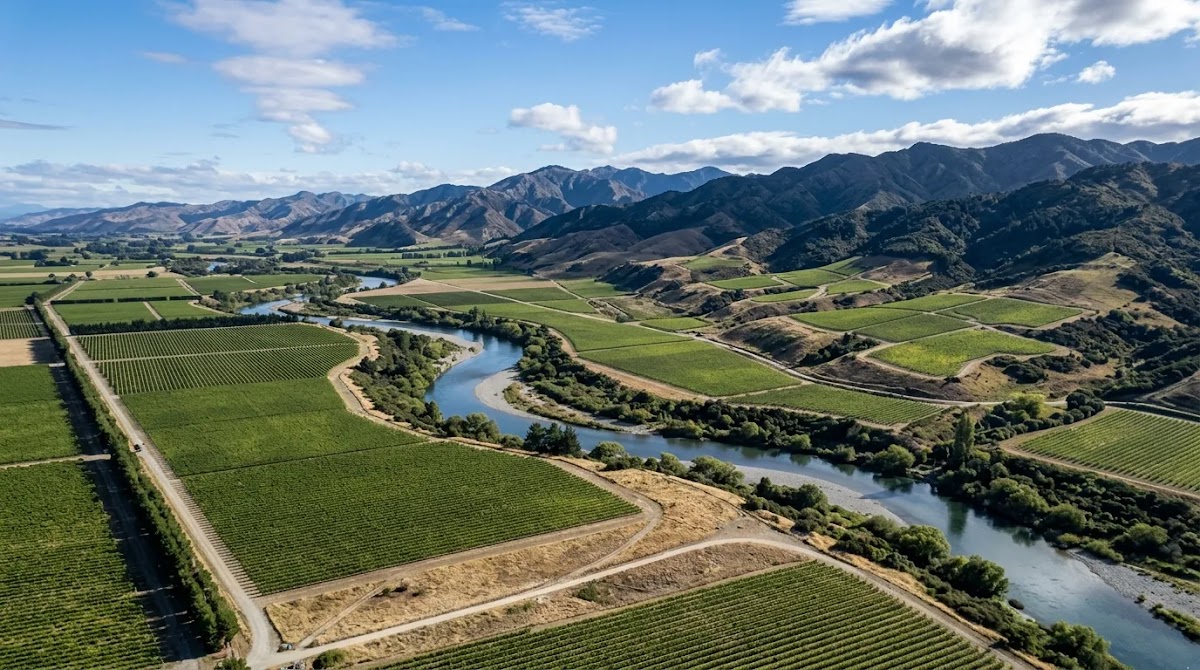 Marlborough Sauvignon Blanc subregion terroir with vineyard blocks, river valley and New Zealand hills