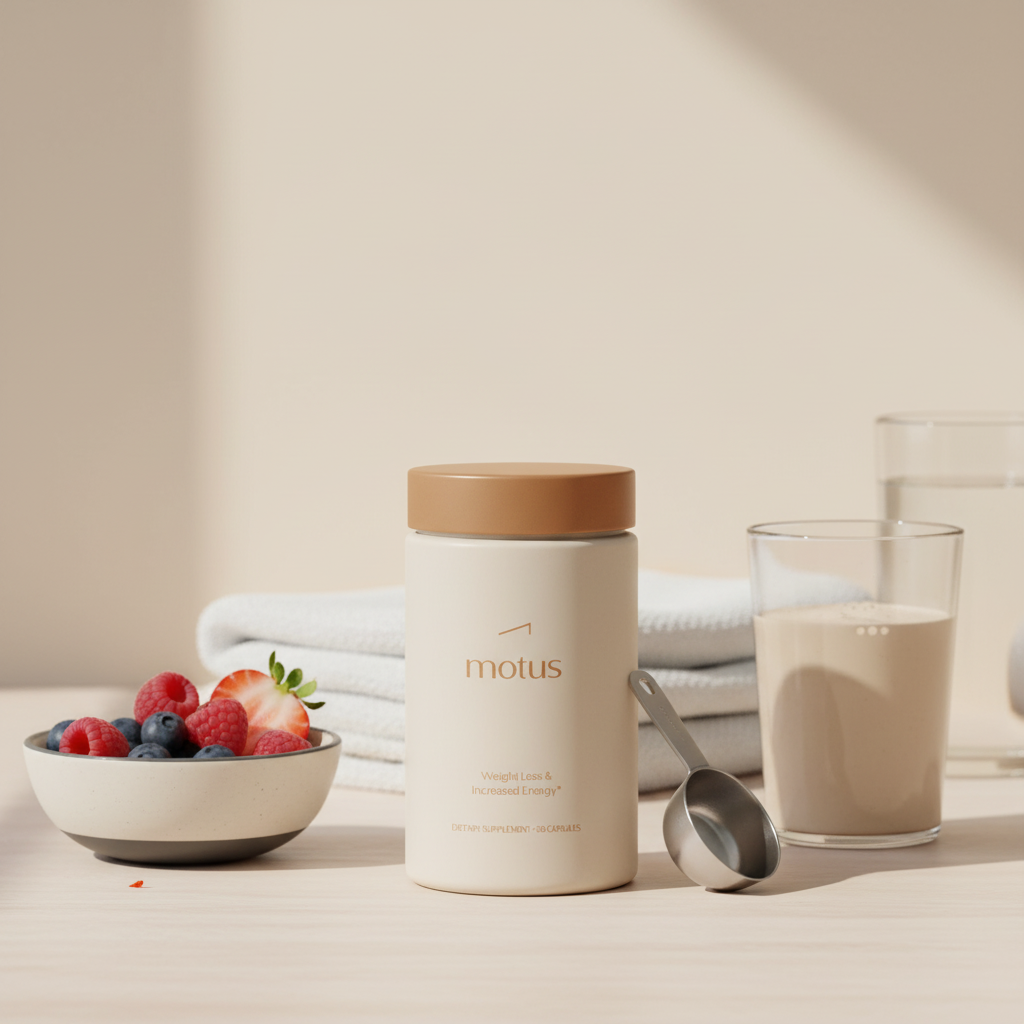 Close-up of Motus supplement bottle beside a clear protein shake tumbler, measuring scoop and bowl of mixed berries on a neutral wooden surface, minimalist Tonum scene for protein shakes for weight loss.