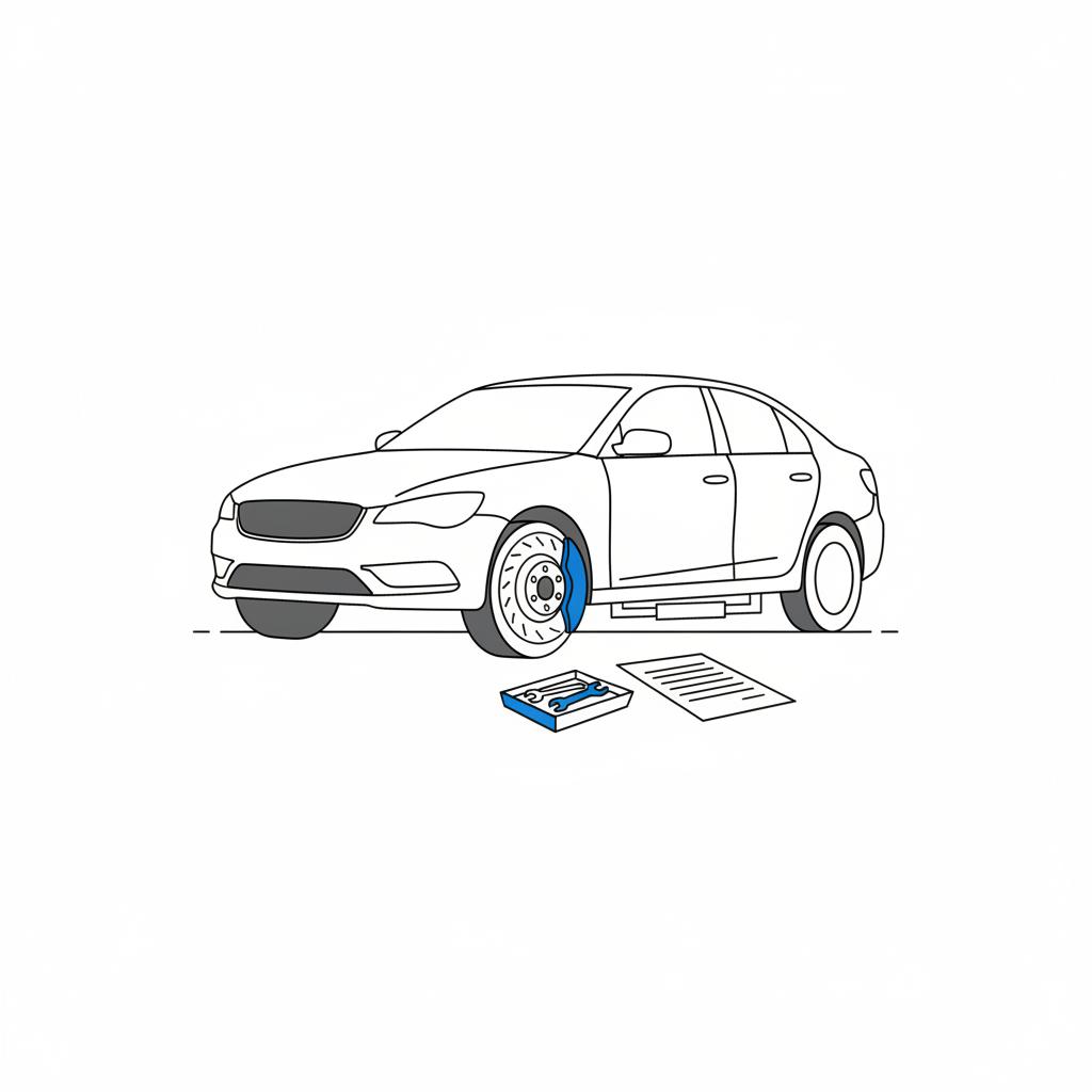 Minimal vector illustration of a generic sedan on a lift showing exposed brake rotor and caliper plus a blank inspection report on a tray white background lexus es 350 for sale