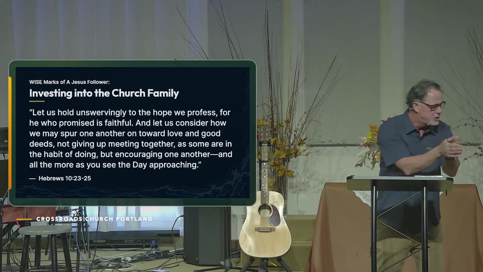 Sean teaching beside the WISE message slide during Crossroads’ September 20 service.