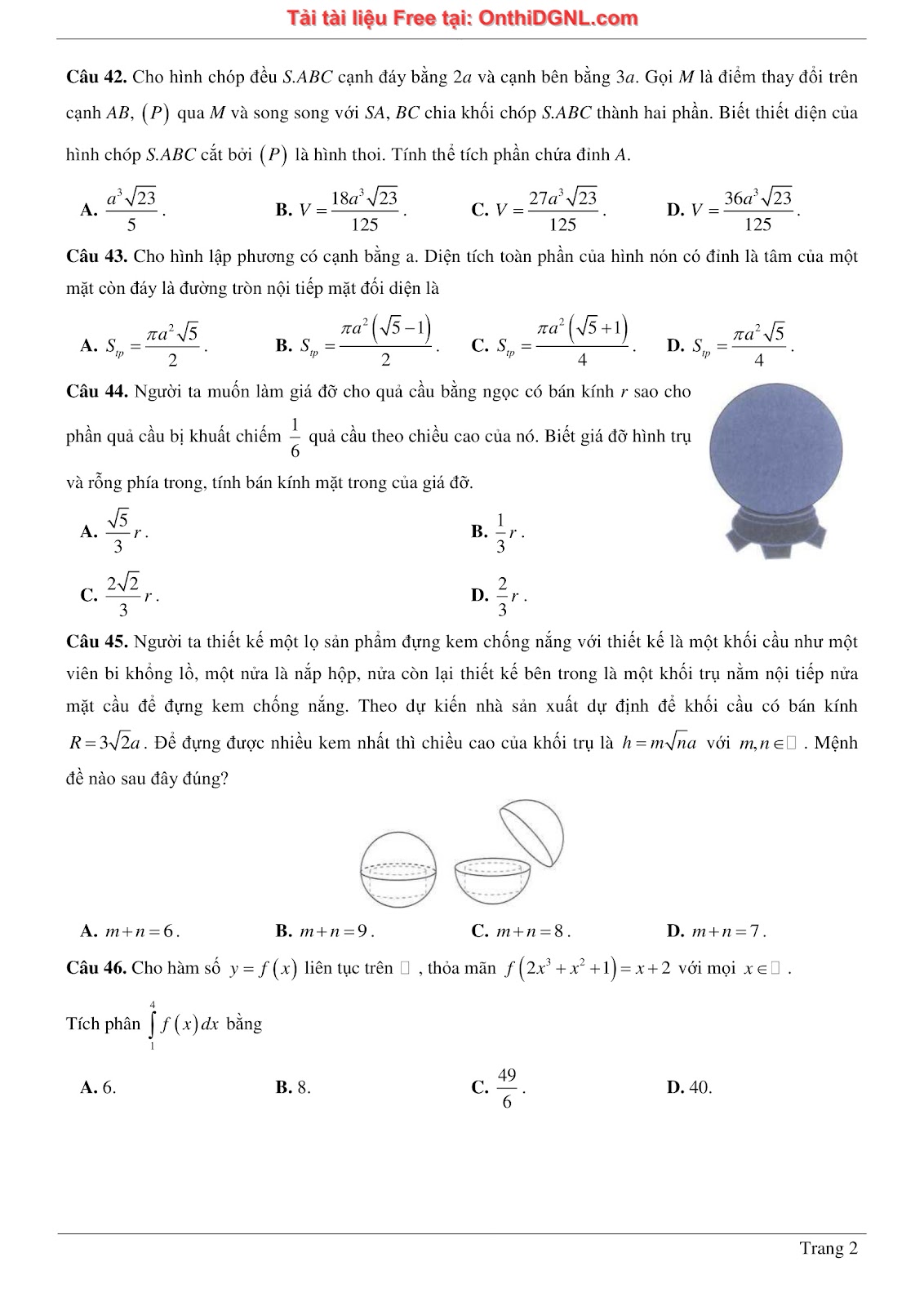 475 bài tập môn Toán - Ôn thi ĐGTD ĐH Bách Khoa Hà Nội Phần 7