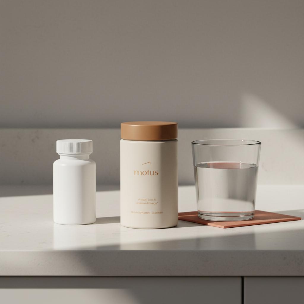 Tonum supplement container on a tidy kitchen counter beside a closed pharmacy pill bottle and a glass of water, illustrating berberine drug interactions.
