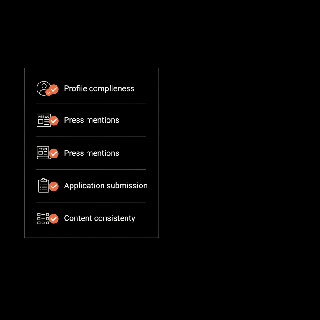 Minimal full-frame verification checklist infographic with four vector icons (profile, press, application, consistency) on black background, light text and orange accents — buy an Instagram blue tick