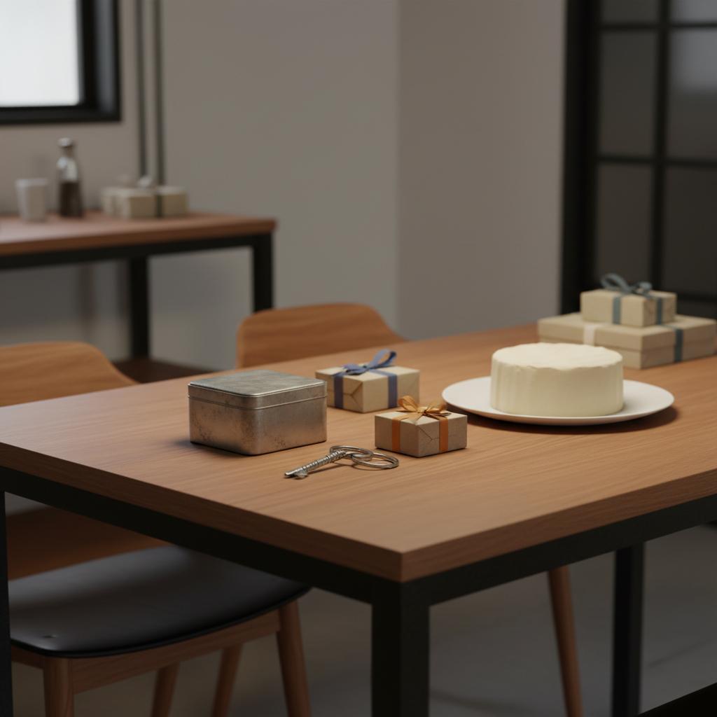 Intime Esstischszene mit Geschenken, Metallbox, graviertem Schlüsselanhänger und einfachem Vanillekuchen in warmer, minimalistischer Stimmung – 30. Geburtstag