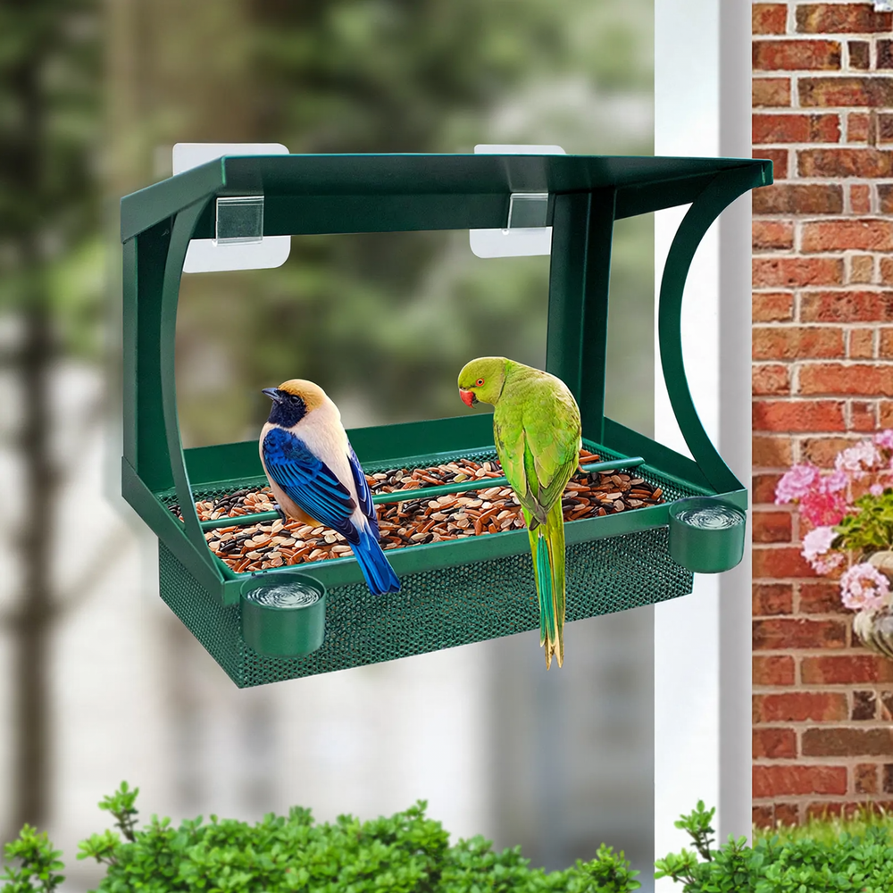 Metal bird feeder for window wall mounting