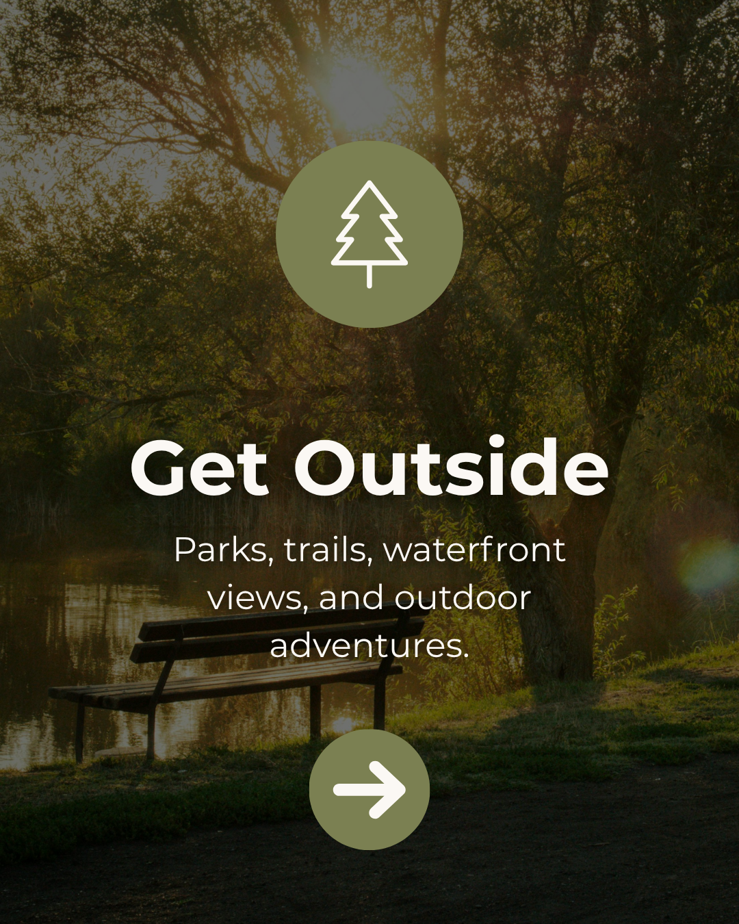 Get Outside: parks, trails, waterfront views and outdoor adventures, over a park bench at sunset