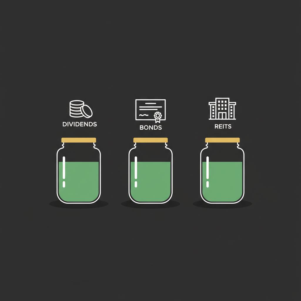 Minimalist 2D vector illustration of three jars representing dividends bonds and REITs with coin stack certificate and building icons how to begin investing