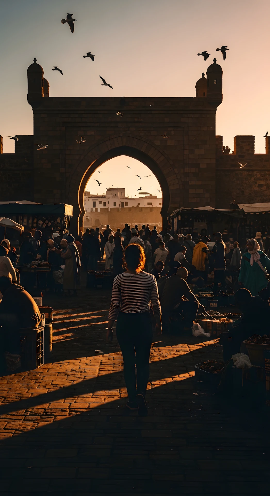 Candid Street Photography of Woman Walking Through the Gate of a Moroccan Fishing Port at Sunset - Free 4K mobile Wallpaper