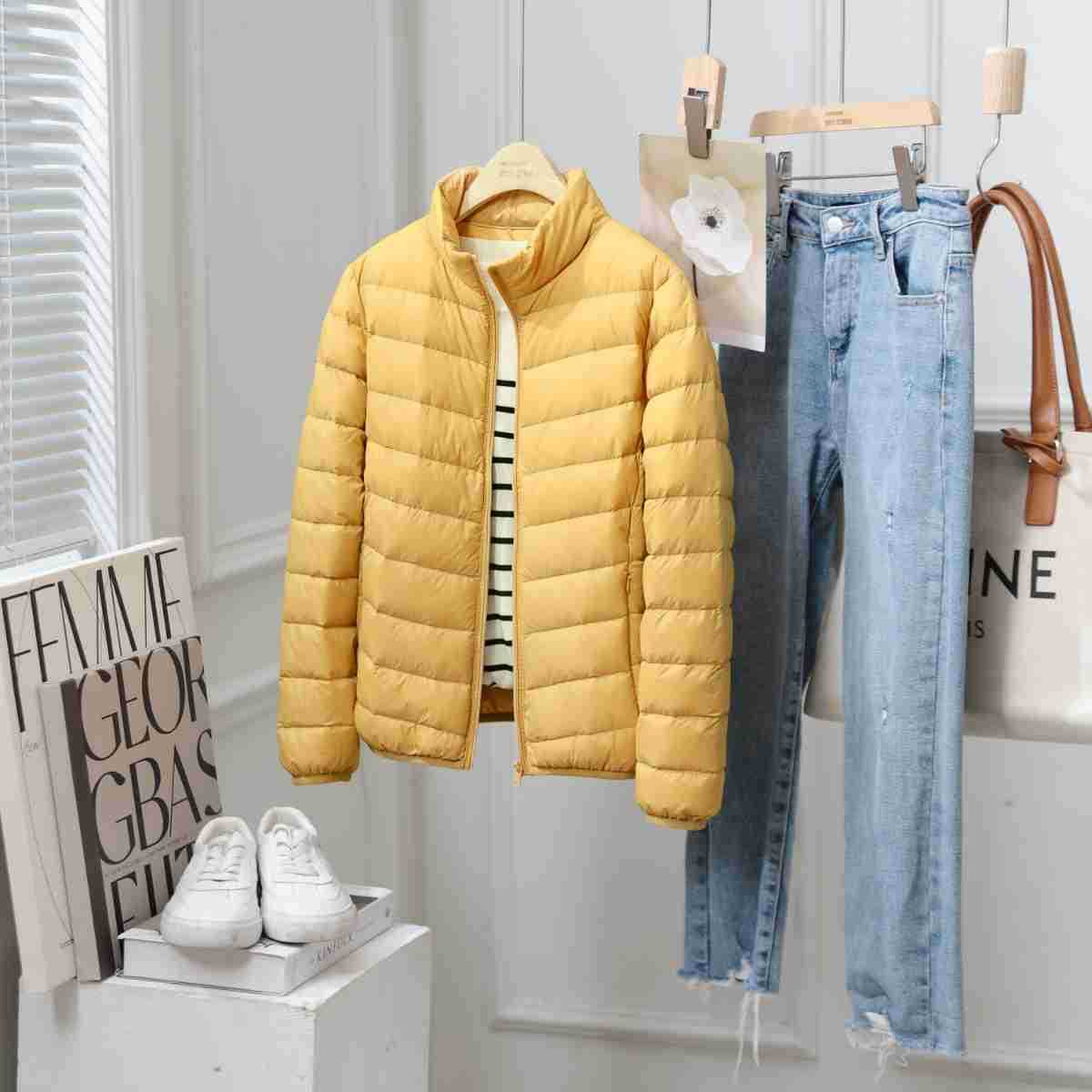 Lightweight women's down jacket with standing collar, white duck down