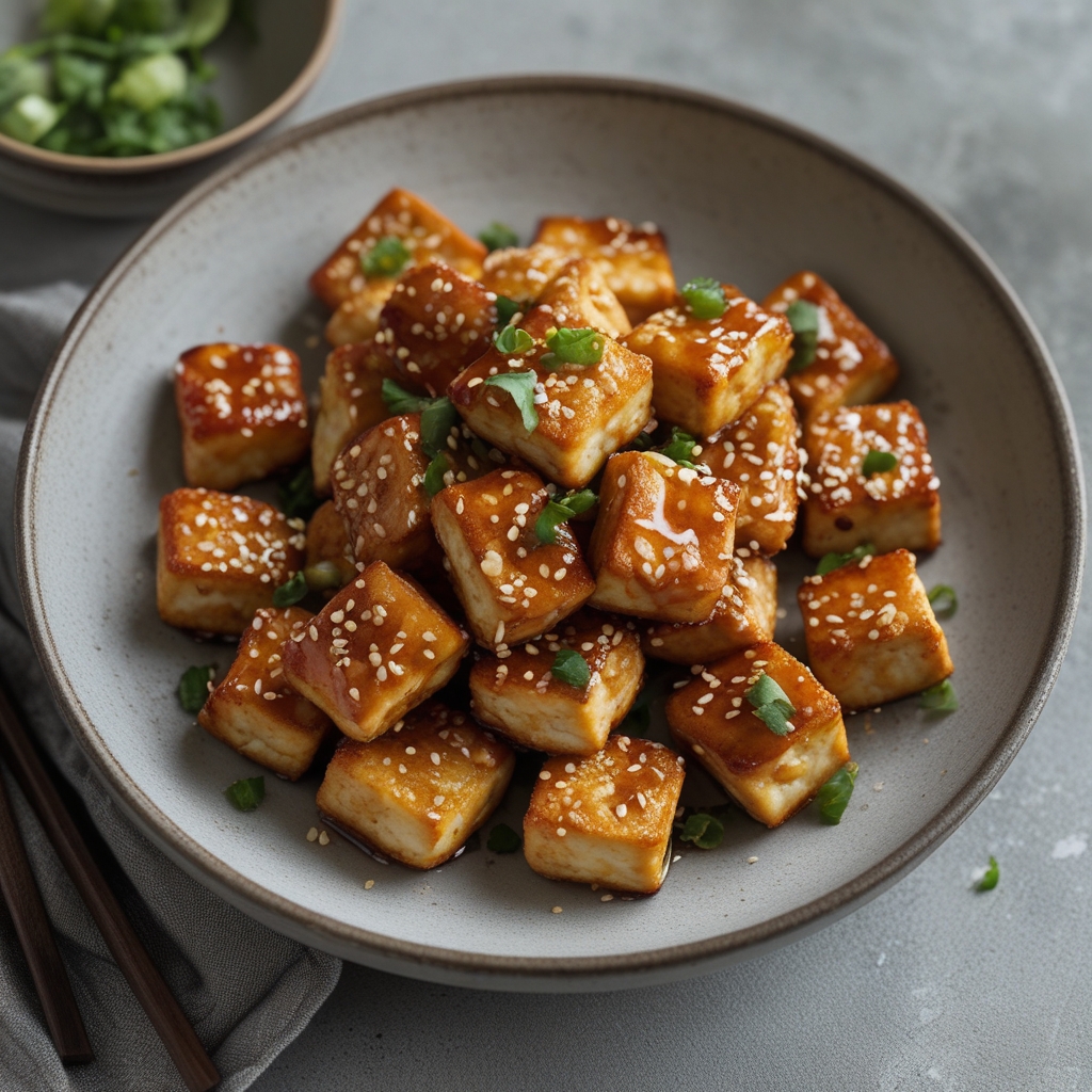 Crispy Sesame-Garlic Tofu Bites with Sweet Chili Glaze