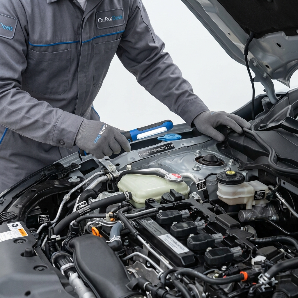 Close up of technician inspecting engine bay of a used honda civic for sale with VIN tag visible and fluid reservoirs on a clean white background with CarFax Deals blue accents