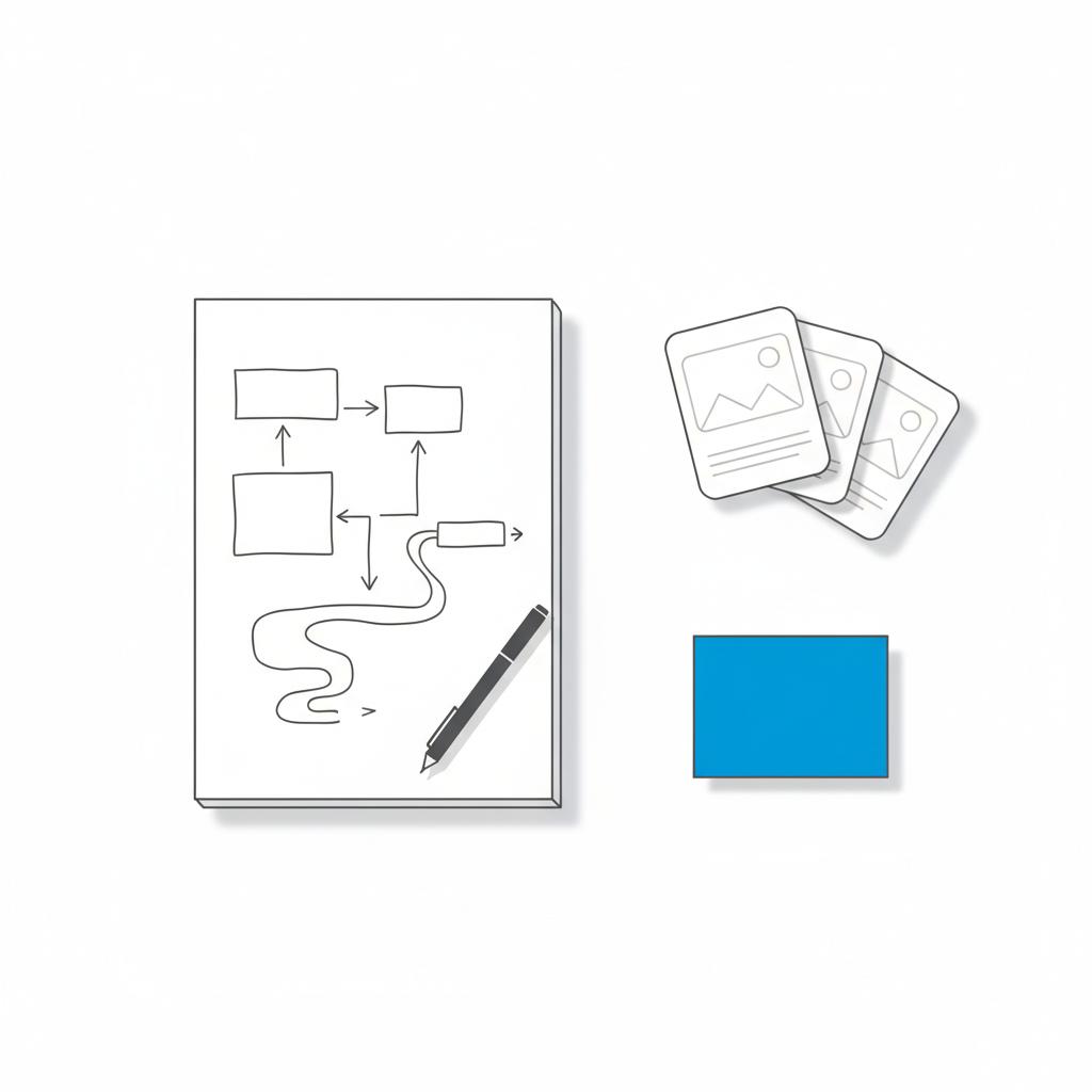 Flat-lay vector illustration of a sketchpad with site-structure wireframe, color swatch #1a5bfb, pen and thumbnail prints evoking website designer pricing concepts