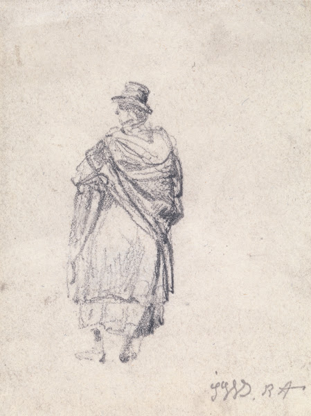 Back View of Country Woman in Hat and Shawl