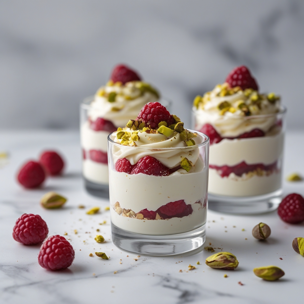 Creamy Raspberry White Chocolate Mousse with Pistachio Crunch