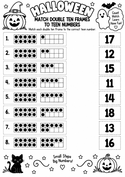 Halloween Match Double Ten Frames to Teen Numbers