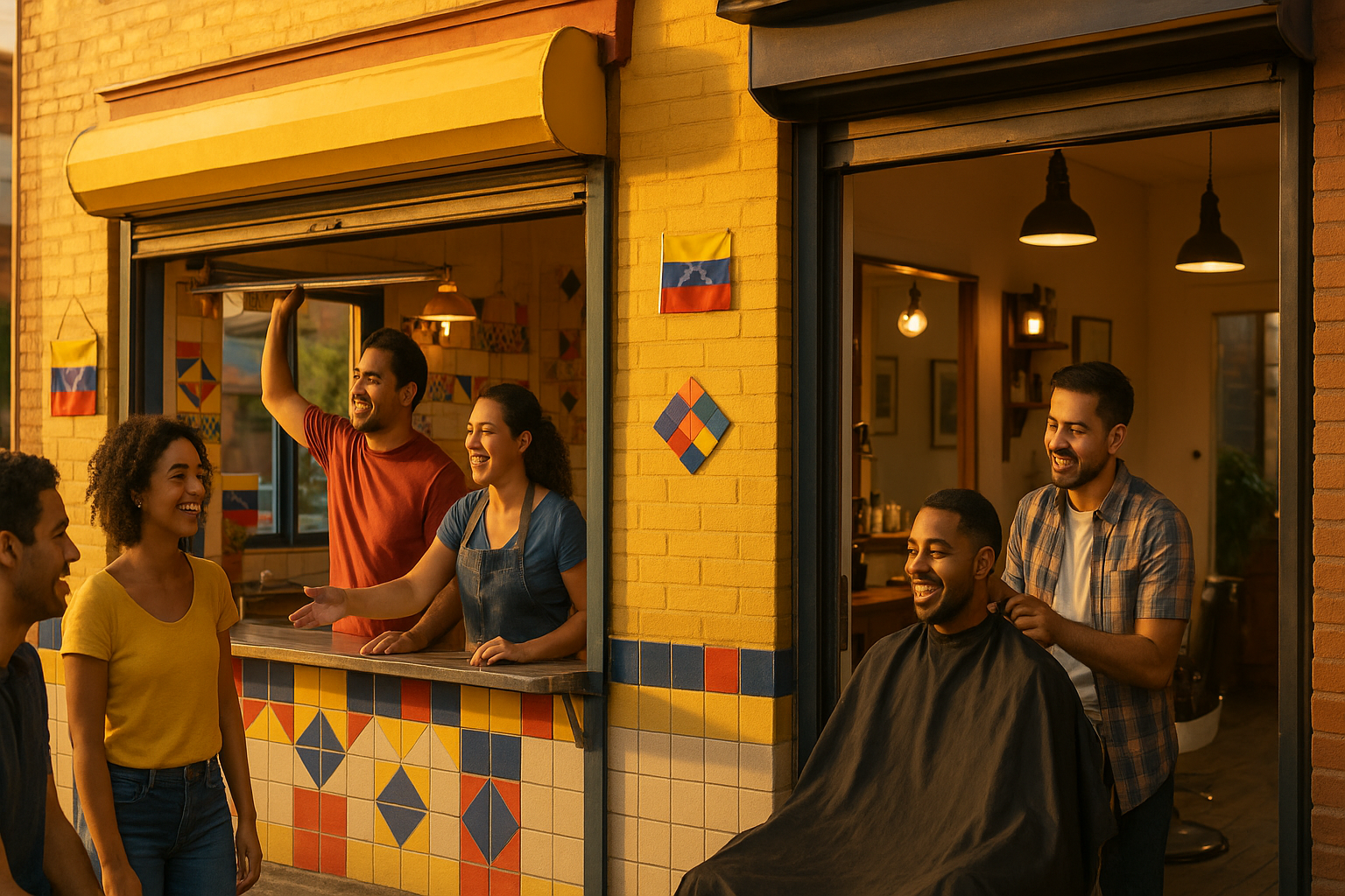 Emprendedores venezolanos abriendo una arepera y una barbería en una calle urbana