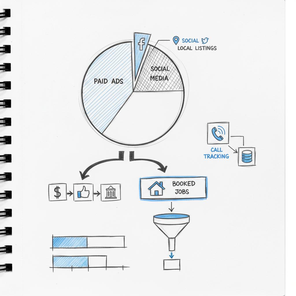 Close-up notebook sketches of a landscaping marketing budget showing channel-allocation pie chart, money-flow arrows to booked jobs, and tracking icons for call and CRM tracking