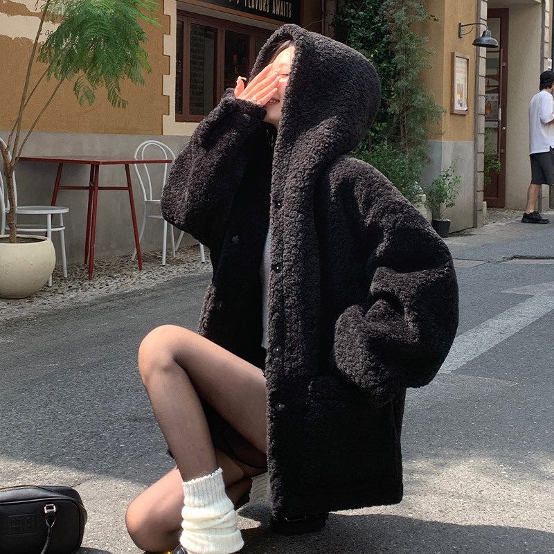 Fluffy Women's Hooded Coat with Faux Shearling