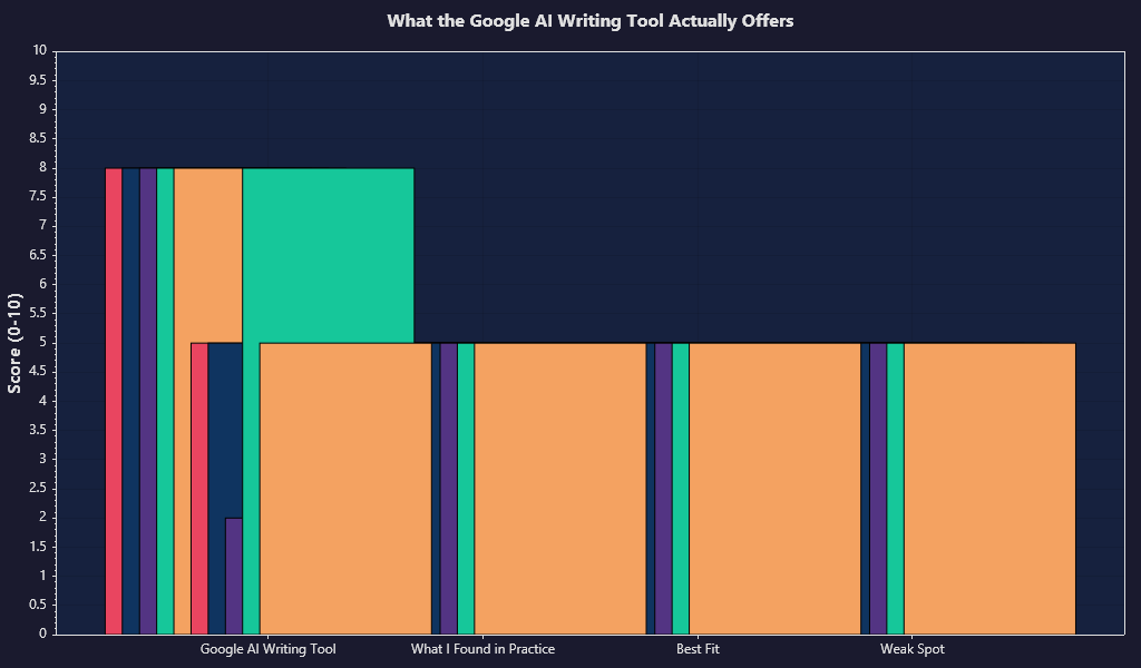 A polished feature comparison chart visualizing AI writing capabilities like drafting, summarizing, rewriting, tone control, long-form support, and collaboration, in a minimalist dashboard style.