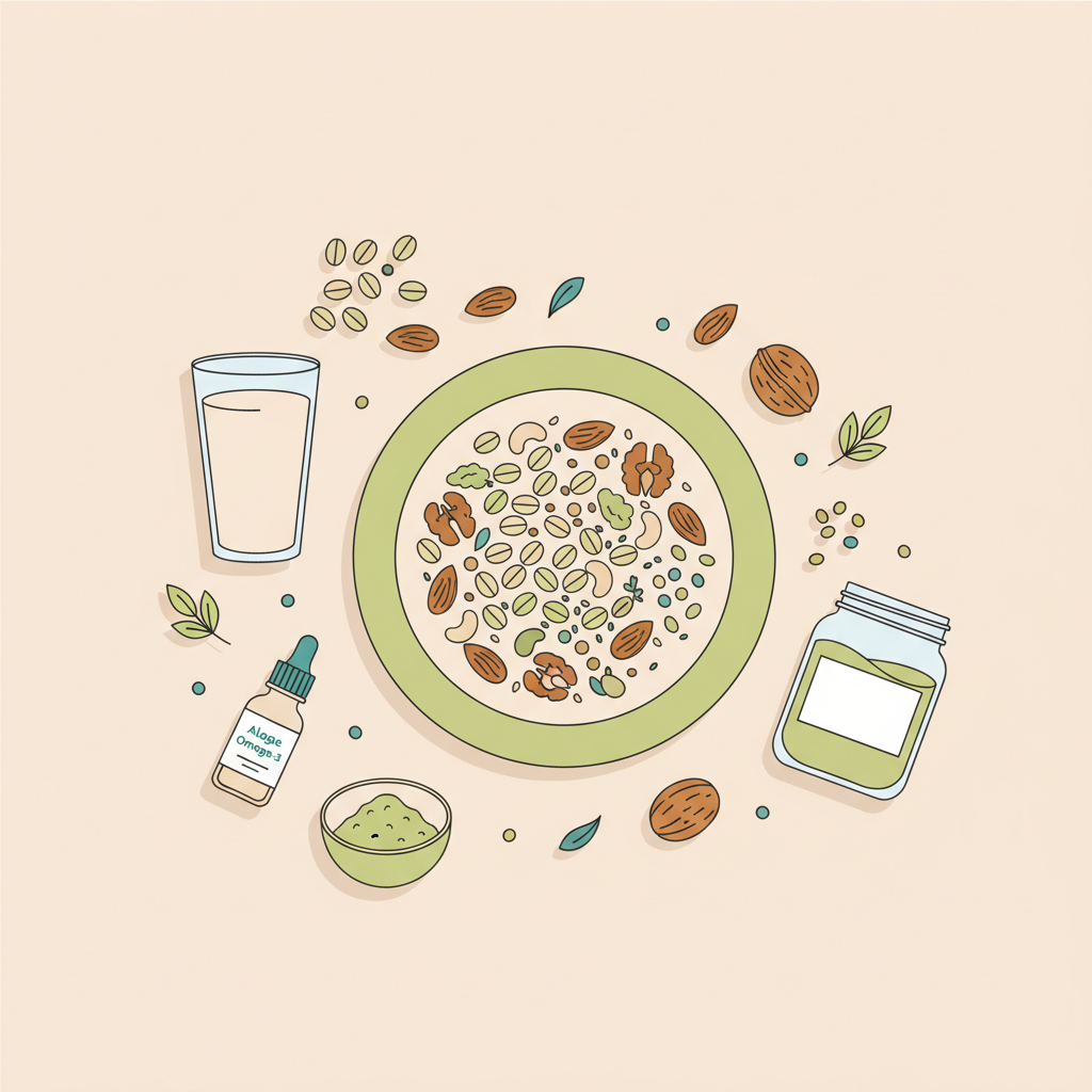 Welche Supplements für Masseaufbau? Minimalistische 2D-Vektor-Illustration: Teller mit pflanzlicher Mahlzeit, Proteinshake, Fläschchen Algen‑Omega‑3, Hafer, Nüsse, Erbsenprotein.