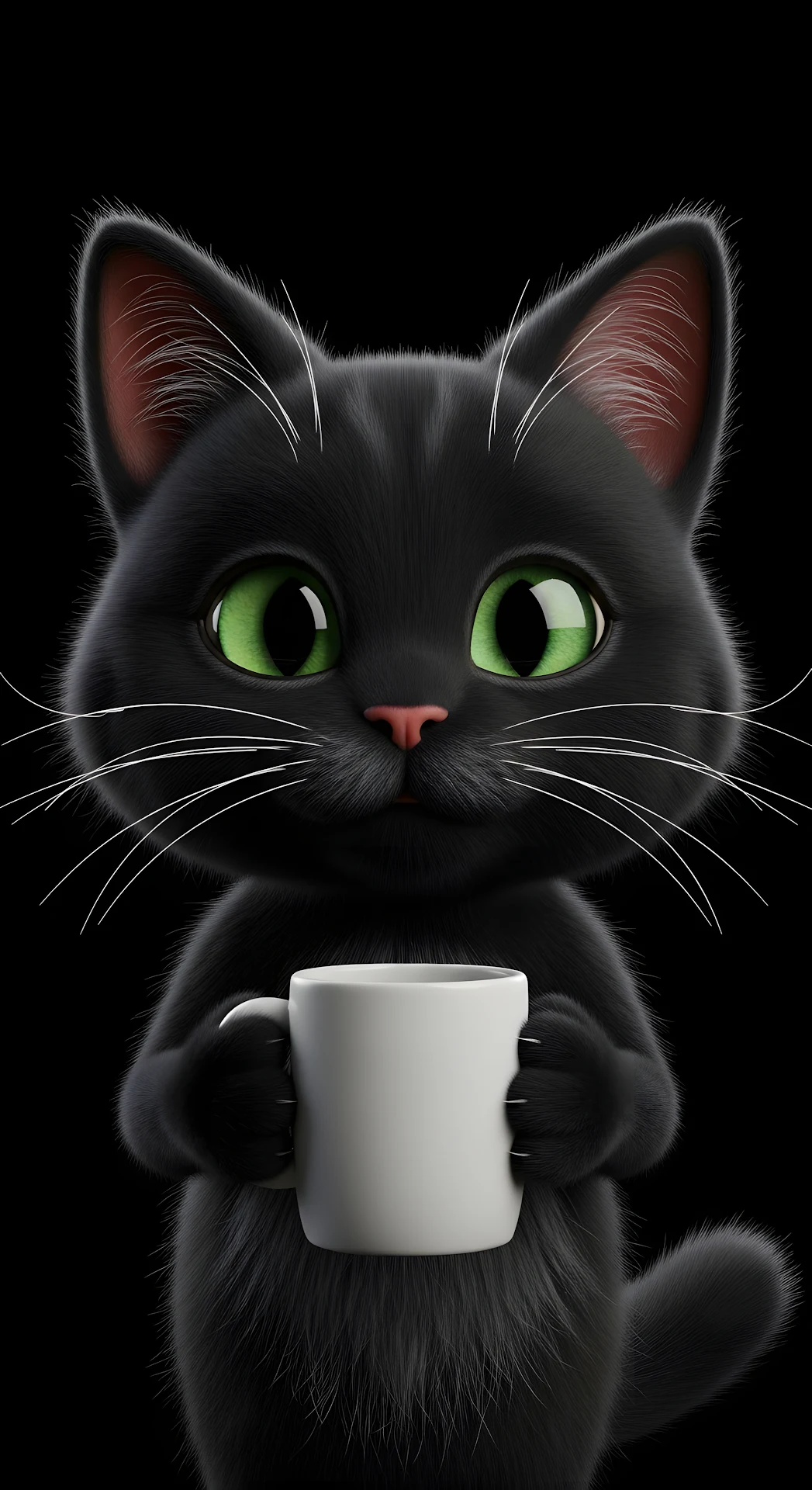 Adorable Wide-Eyed Fluffy Cartoon Cat with Coffee Cup - Free 4K mobile Wallpaper