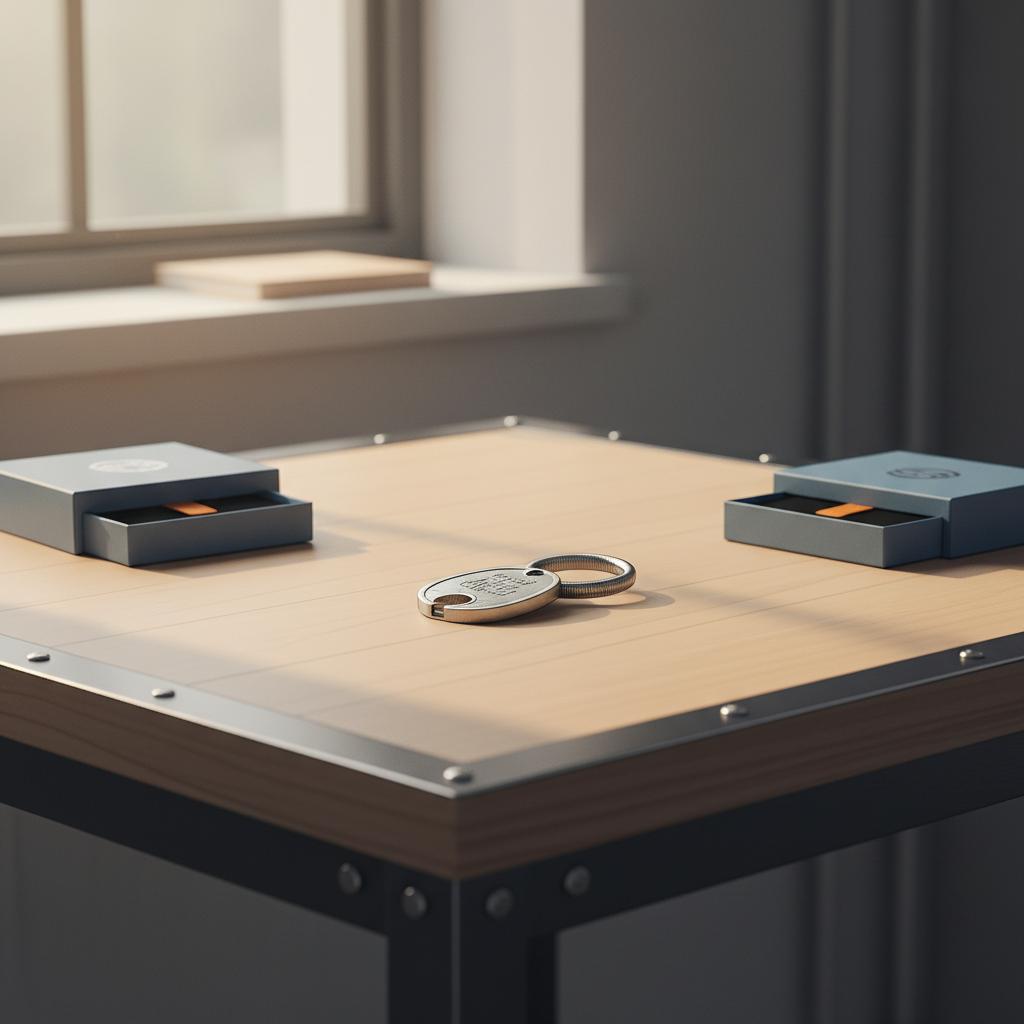 Vektorillustration eines gravierten Metall‑Keepsakes auf einem Holztisch zwischen zwei geöffneten Geschenkboxen, Fokus auf Gravur und Textur – was schenkt man zum 60. Geburtstag