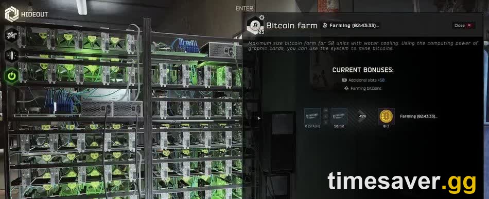 The Tarkov hideout Bitcoin farm — rows of GPUs generating passive roubles around the clock in PvE mode