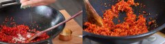 Trong lúc đó, ớt sừng, ớt hiểm rửa sạch. Ớt sừng cắt khoanh. Cho ớt hiểm, ớt sừng vào máy sinh tố xay nhuyễn. Sau đó cho ớt đã xay vào chảo sả tiếp tục đảo đều. Nêm vào 2 muỗng canh nước mắm, 1 muỗng canh đường, 4 muỗng canh ớt bột, 1 muỗng hạt nêm và trộn thật đều lên.