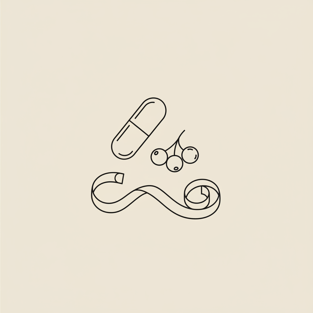 Minimal Tonum-style line illustration of a capsule, berry cluster, and measuring tape on beige background — belly fat burners that work