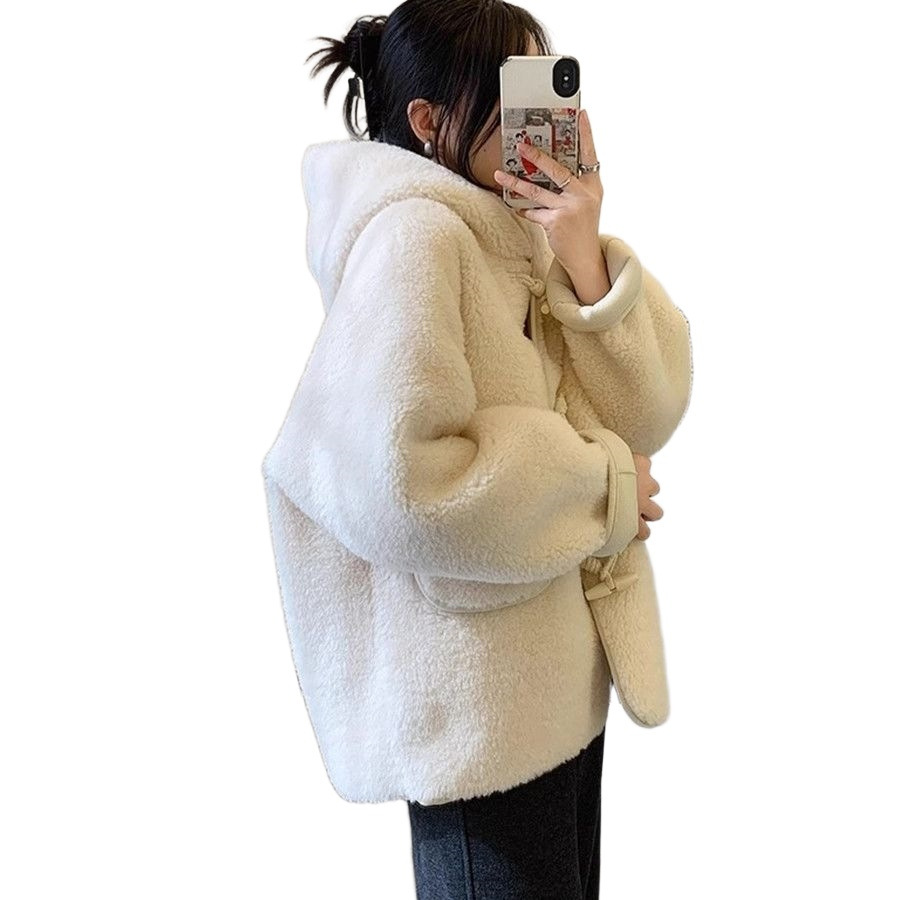 Women's Lambskin Imitation Coat with Toggle Buttons and Hood