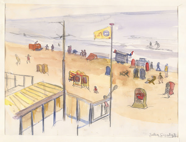 Strandleven te Zandvoort Op het strand rieten strandstoelen en een haringkar