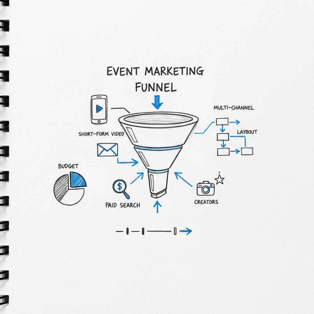 Close-up notebook sketch of an event funnel with four hand-drawn stages and icons for short-form video, email, paid search, and creators, accented in blue; how to advertise an event