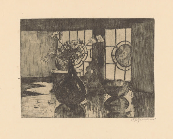 Stilleven met een bloemenvaas voor een raam 1888 1934