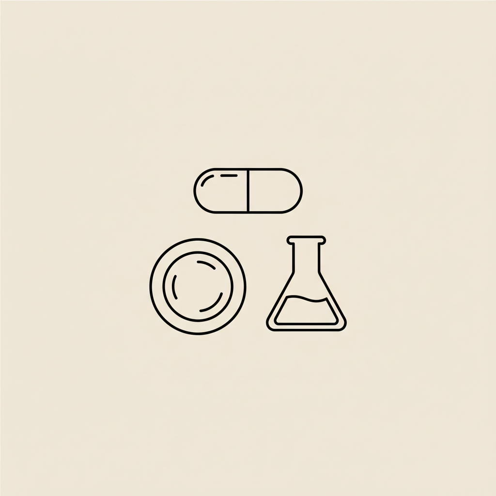 Minimal Tonum-style line illustration of a capsule, a balanced plate, and a lab beaker on a beige background representing the most scientifically studied supplement.