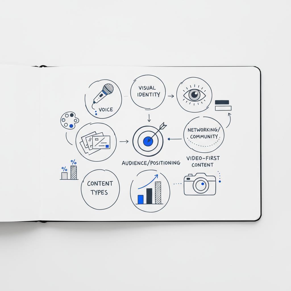Flat-lay planner page with seven icon-only boxes illustrating personal branding pillars, three color swatches and a camera lens sketch on white background with subtle #1a5bfb accents
