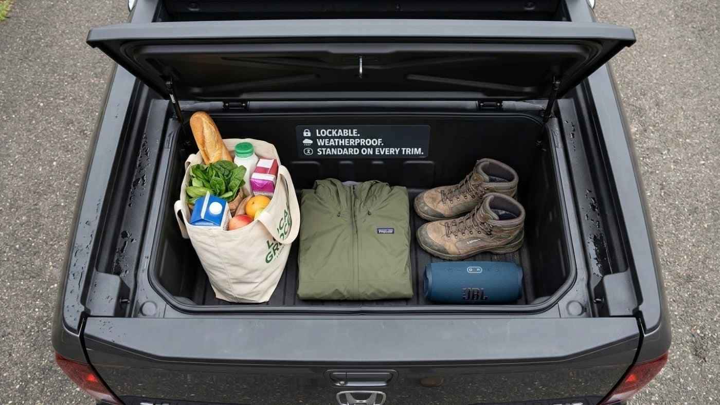 Honda Ridgeline in-bed trunk loaded with groceries, boots, and gear showing lockable storage for daily truck use.