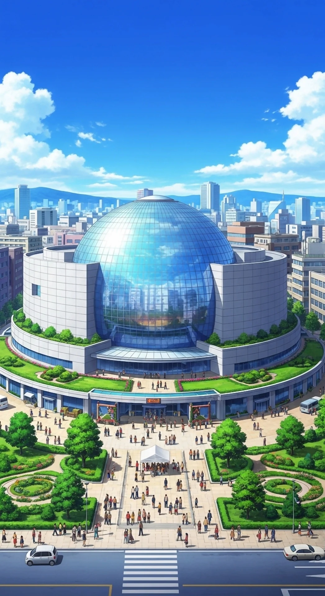 Anime City Plaza with Large Glass Dome Museum Building - Free 4K mobile Wallpaper