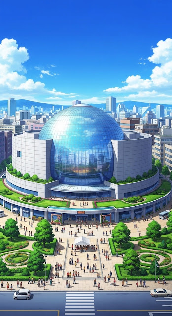 Anime City Plaza with Large Glass Dome Museum Building - Free mobile Wallpaper